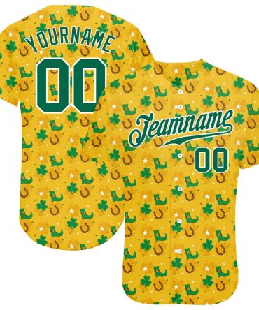 Team Jerseys Baseball, Custom Gold Kelly Green White 3D Pattern Design Authentic St Patrick's Day Baseball Jersey, Logo Baseball Jersey