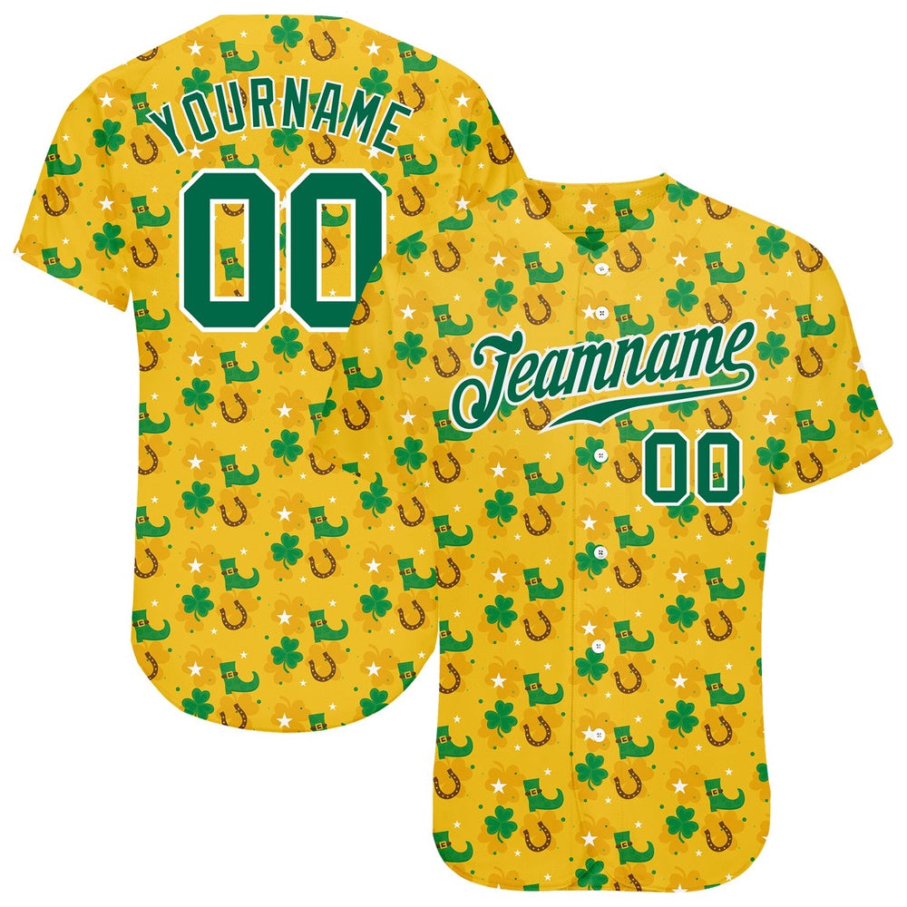 Team Jerseys Baseball, Custom Gold Kelly Green White 3D Pattern Design Authentic St Patrick's Day Baseball Jersey, Logo Baseball Jersey