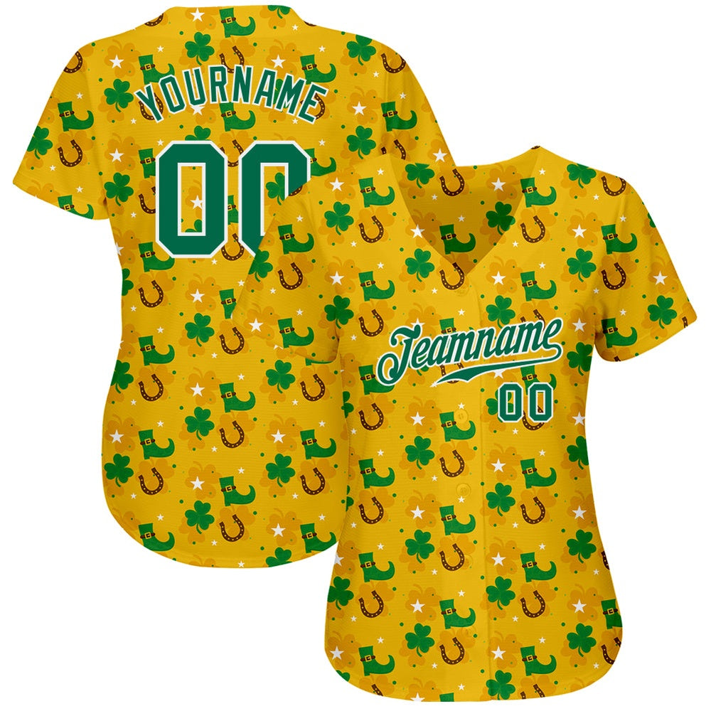 Team Jerseys Baseball, Custom Gold Kelly Green White 3D Pattern Design Authentic St Patrick's Day Baseball Jersey, Logo Baseball Jersey - Image 2