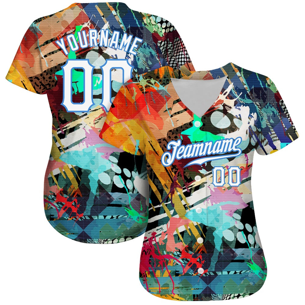 Team Jerseys Baseball, Custom Graffiti Colored Abstract Pattern White Light Blue 3D Authentic Baseball Jersey, Logo Baseball Jersey - Image 2