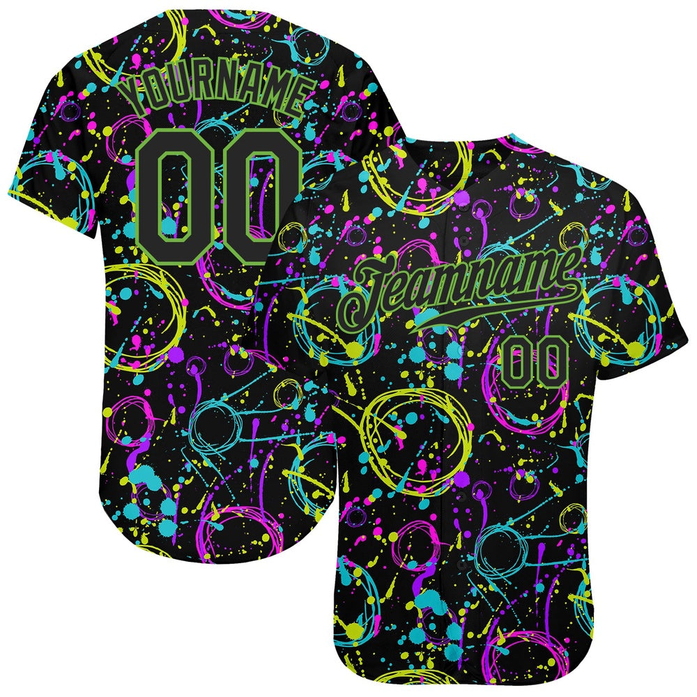 Team Jerseys Baseball, Custom Graffiti Pattern Black Neon Green 3D Neon Splatter Authentic Baseball Jersey, Logo Baseball Jersey