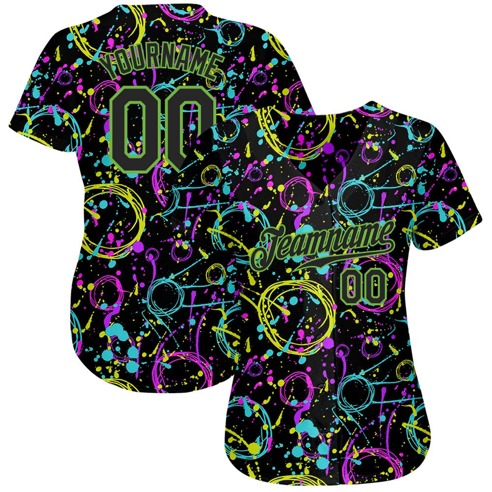Team Jerseys Baseball, Custom Graffiti Pattern Black Neon Green 3D Neon Splatter Authentic Baseball Jersey, Logo Baseball Jersey - Image 2