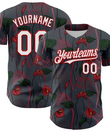 Team Jerseys Baseball, Custom Gray White Red 3D Pattern Design Tropical Anthurium Flower Authentic Baseball Jersey, Logo Baseball Jersey