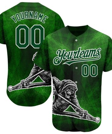 Team Jerseys Baseball, Custom Green White 3D Pattern Design A Skeleton Playing Billiards While Drinking A Beer Authentic Baseball Jersey