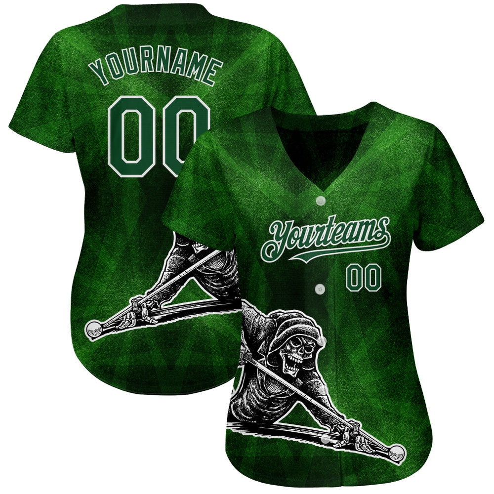 Team Jerseys Baseball, Custom Green White 3D Pattern Design A Skeleton Playing Billiards While Drinking A Beer Authentic Baseball Jersey - Image 2