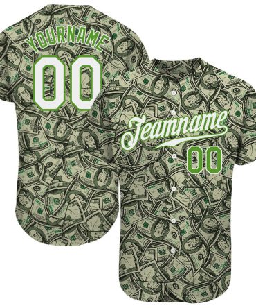 Team Jerseys Baseball, Custom Green White Neon Green 3D Pattern Design Dollar Authentic Baseball Jersey, Logo Baseball Jersey