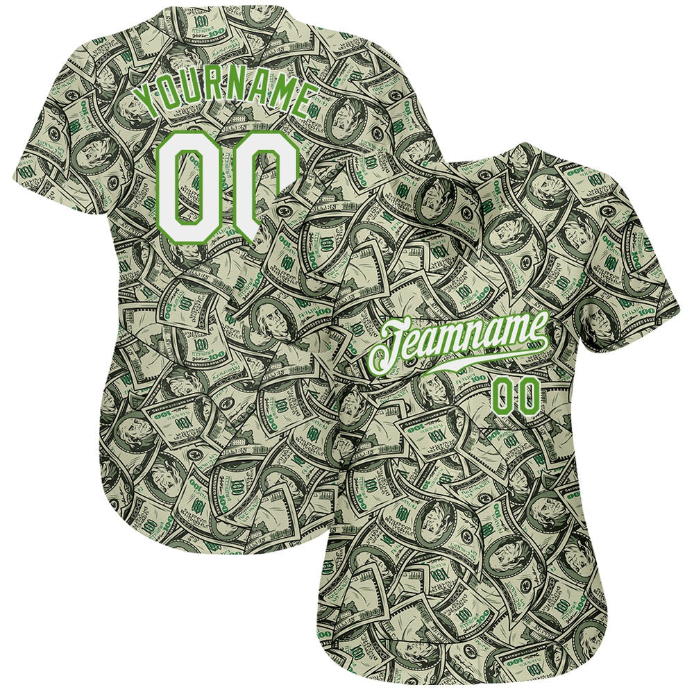 Team Jerseys Baseball, Custom Green White Neon Green 3D Pattern Design Dollar Authentic Baseball Jersey, Logo Baseball Jersey - Image 2