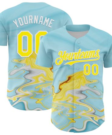 Team Jerseys Baseball, Custom Ice Blue Light Yellow White 3D Pattern Design Abstract Liquid Fluid Art Authentic Baseball Jersey