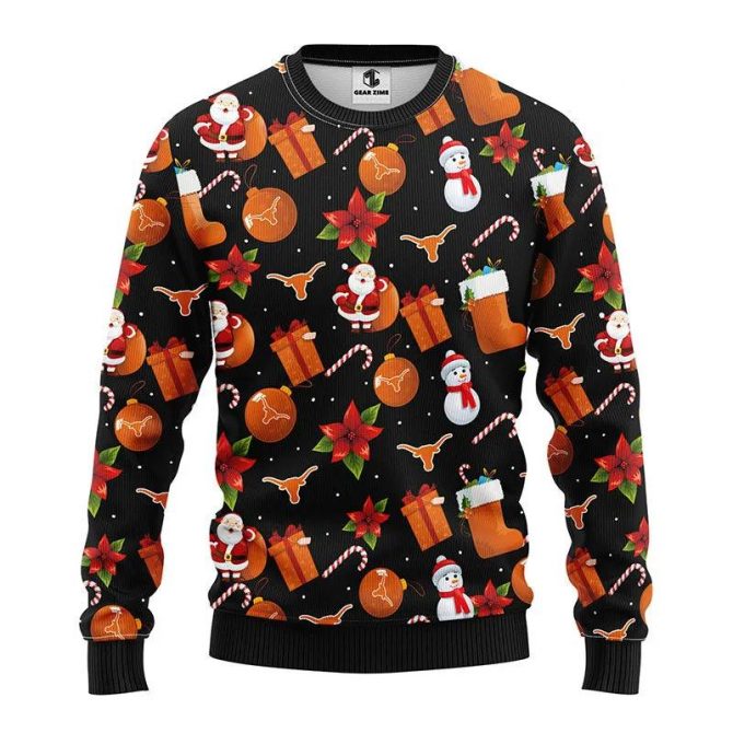 Texas Longhorns Santa Claus Snowman Ugly Christmas Sweater, NCAA Christmas Sweater