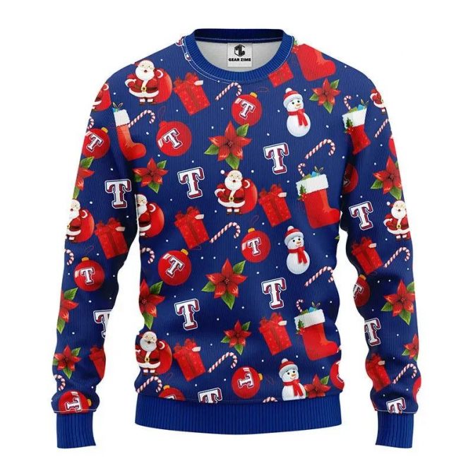 Texas Rangers Santa Claus Snowman Ugly Christmas Sweater, MLB Christmas Sweater