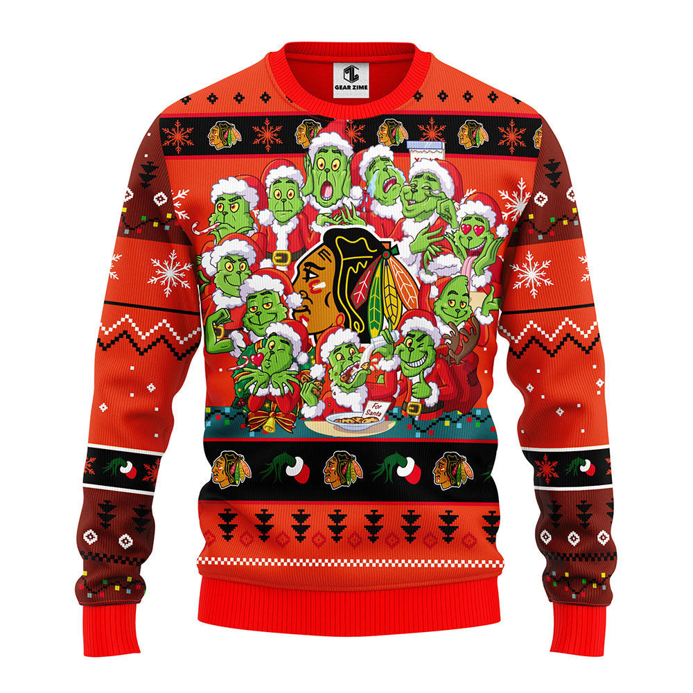 Chicago Blackhawks 12 Grinch Xmas Day Ugly Christmas Sweater, Grinch Xmas Sweater