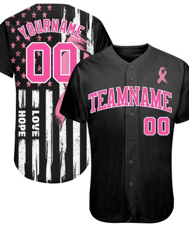 USA Baseball Jersey, Custom 3D American Flag With Pink Ribbon Breast Cancer Awareness Month Women Health Care Support Authentic Baseball Jersey