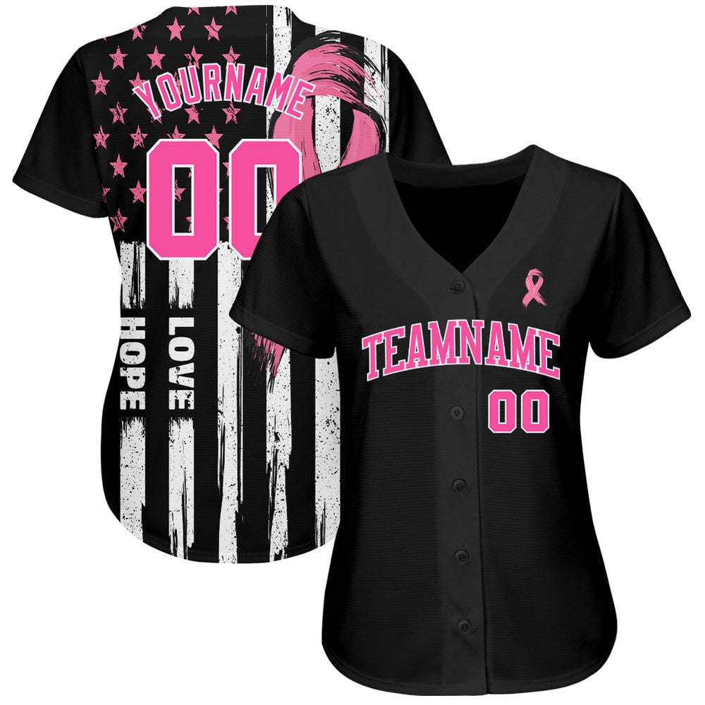 USA Baseball Jersey, Custom 3D American Flag With Pink Ribbon Breast Cancer Awareness Month Women Health Care Support Authentic Baseball Jersey - Image 2