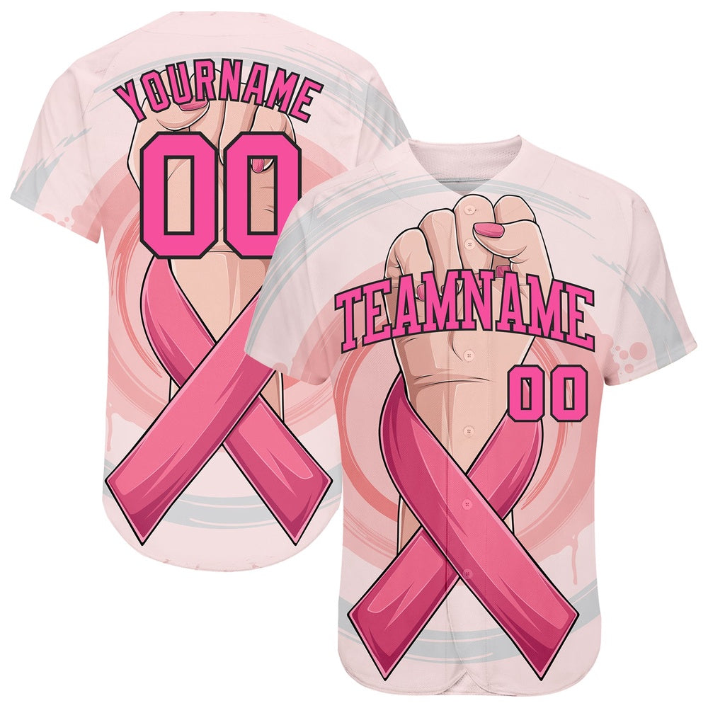 USA Baseball Jersey, Custom 3D Breast Cancer Awareness Month With Woman Hand And Pink Ribbon Women Health Care Support Authentic Baseball Jersey