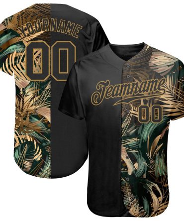 USA Baseball Jersey, Custom 3D Pattern Design Golden And Green Tropical Leaves In The Style Of Jungle And Hawaii Authentic Baseball Jersey