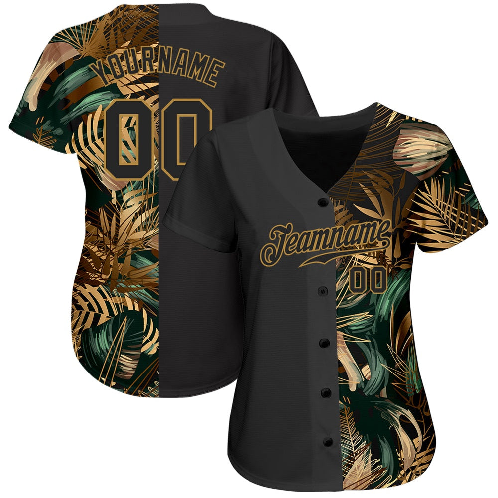 USA Baseball Jersey, Custom 3D Pattern Design Golden And Green Tropical Leaves In The Style Of Jungle And Hawaii Authentic Baseball Jersey - Image 2