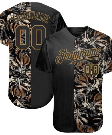 USA Baseball Jersey, Custom 3D Pattern Design Golden Tropical Leaves In The Style Of Jungle And Hawaii Authentic Baseball Jersey