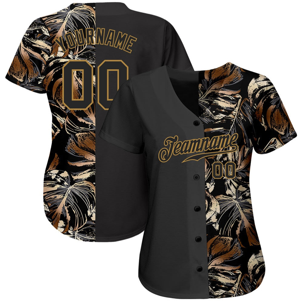USA Baseball Jersey, Custom 3D Pattern Design Golden Tropical Leaves In The Style Of Jungle And Hawaii Authentic Baseball Jersey - Image 2