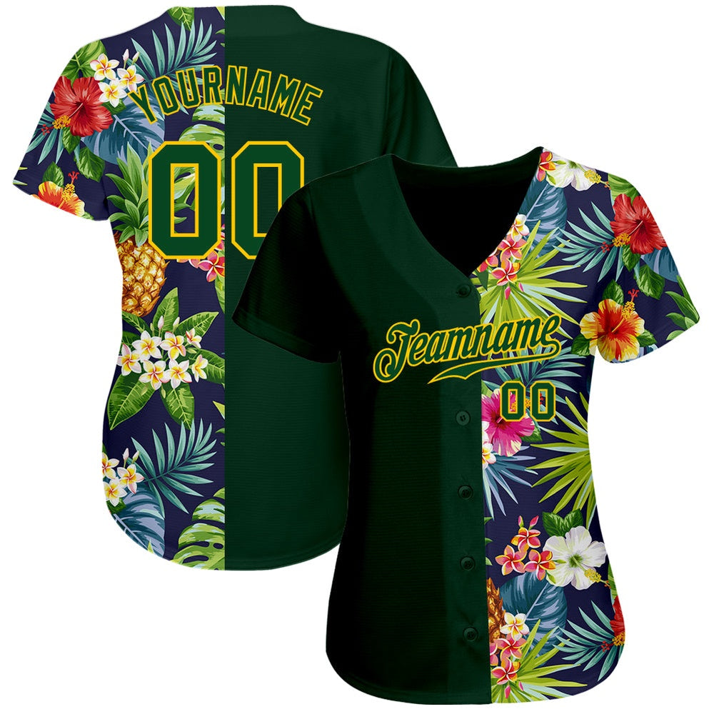 USA Baseball Jersey, Custom 3D Pattern Design Tropical Pattern With Pineapples Palm Leaves And Flowers Authentic Baseball Jersey - Image 2