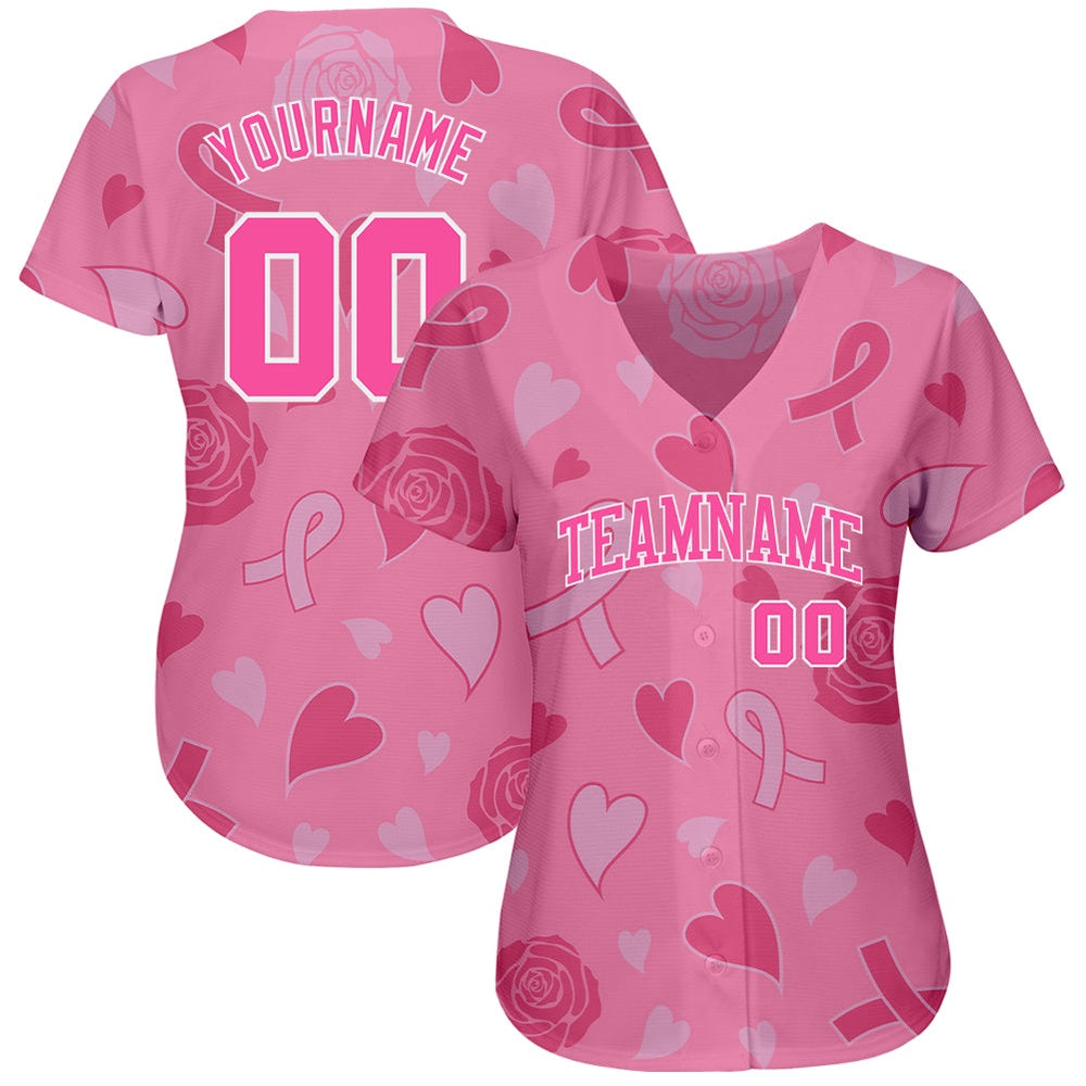 USA Baseball Jersey, Custom 3D Pink Ribbon Breast Cancer Awareness Month Women Health Care Support Authentic Baseball Jersey - Image 2