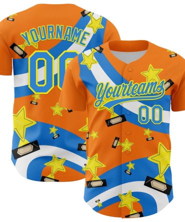USA Baseball Jersey, Custom Bay Orange Electric Blue Light Yellow 3D Pattern Design Champion Trophy Authentic Baseball Jersey