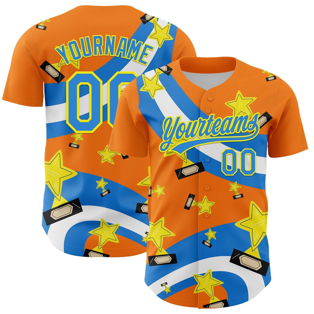 USA Baseball Jersey, Custom Bay Orange Electric Blue Light Yellow 3D Pattern Design Champion Trophy Authentic Baseball Jersey