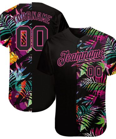 USA Baseball Jersey, Custom Black Black Pink 3D Pattern Design Tropical Palm Leaves Authentic Baseball Jersey, Team Jerseys Baseball