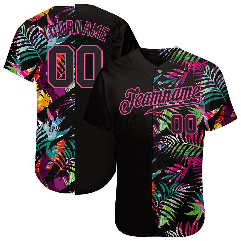 USA Baseball Jersey, Custom Black Black Pink 3D Pattern Design Tropical Palm Leaves Authentic Baseball Jersey, Team Jerseys Baseball