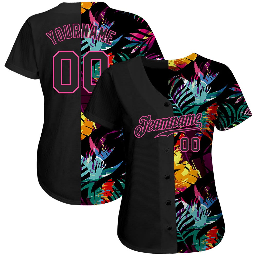 USA Baseball Jersey, Custom Black Black Pink 3D Pattern Design Tropical Palm Leaves Authentic Baseball Jersey, Team Jerseys Baseball - Image 2