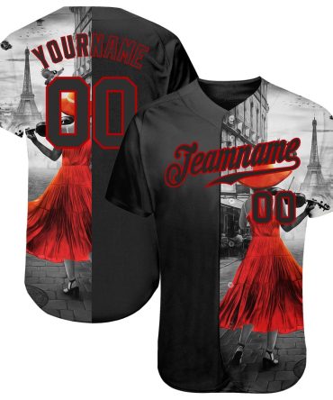 USA Baseball Jersey, Custom Black Black Red 3D Pattern Design A Girl With The Eiffel Tower Authentic Baseball Jersey, Team Jerseys Baseball