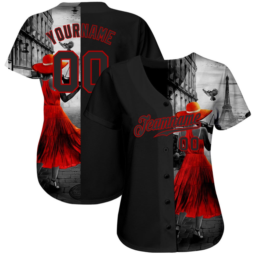 USA Baseball Jersey, Custom Black Black Red 3D Pattern Design A Girl With The Eiffel Tower Authentic Baseball Jersey, Team Jerseys Baseball - Image 2