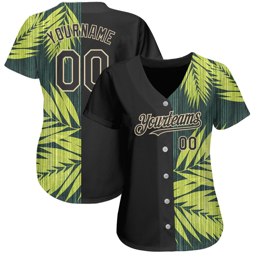 USA Baseball Jersey, Custom Black City Cream 3D Pattern Design Hawaii Tropical Palm Leaves Authentic Baseball Jersey, Team Jerseys Baseball - Image 2