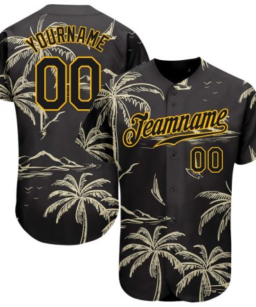 USA Baseball Jersey, Custom Black Gold 3D Pattern Design Hawaii Palm Trees Island And Sailboat Authentic Baseball Jersey, Team Jerseys Baseball