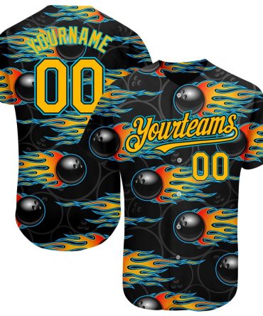 USA Baseball Jersey, Custom Black Gold Lakes Blue 3D Pattern Design Bowling Ball With Hotrod Flame Authentic Baseball Jersey