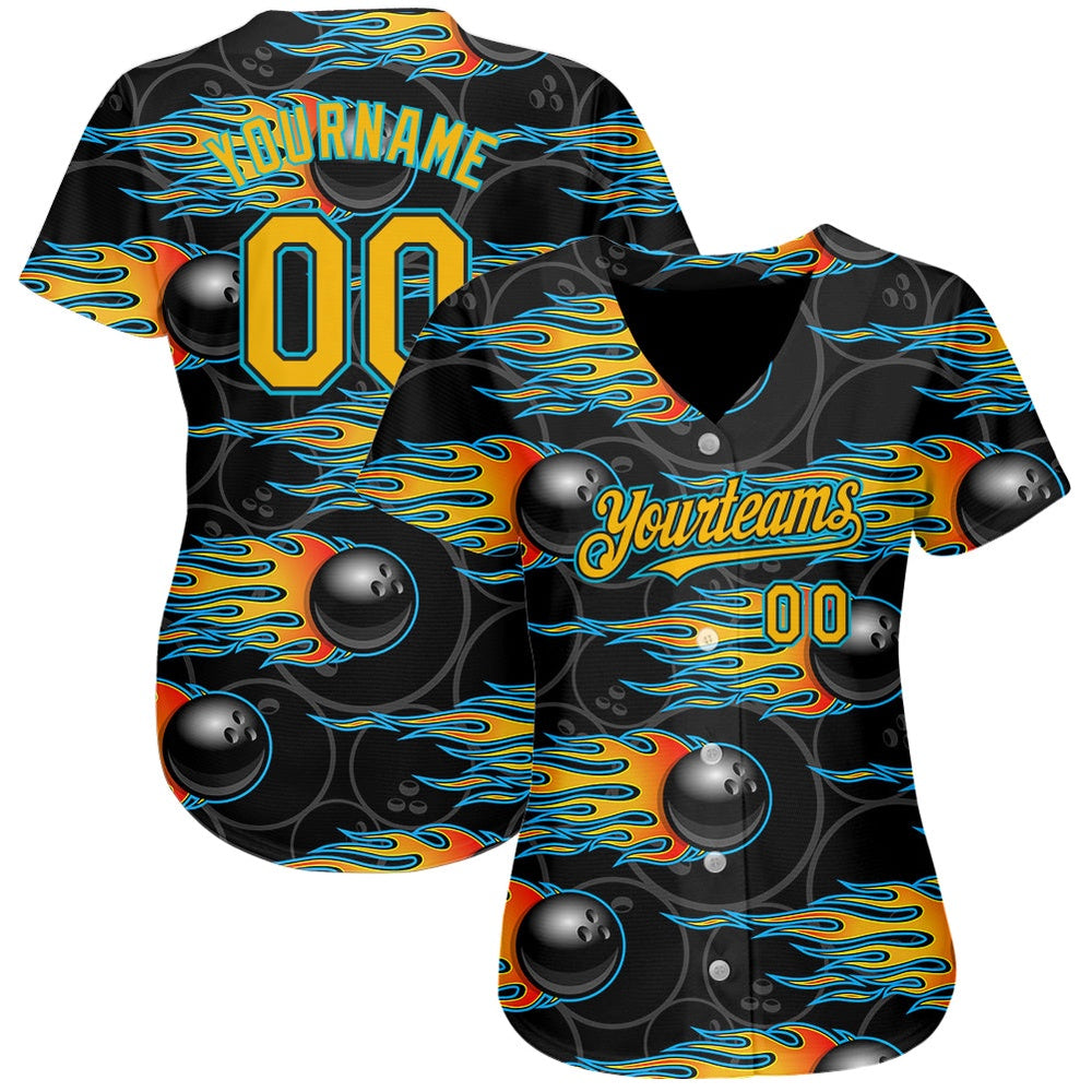 USA Baseball Jersey, Custom Black Gold Lakes Blue 3D Pattern Design Bowling Ball With Hotrod Flame Authentic Baseball Jersey - Image 2