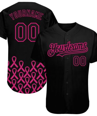 USA Baseball Jersey, Custom Black Hot Pink 3D Pink Ribbon Breast Cancer Awareness Month Women Health Care Support Authentic Baseball Jersey