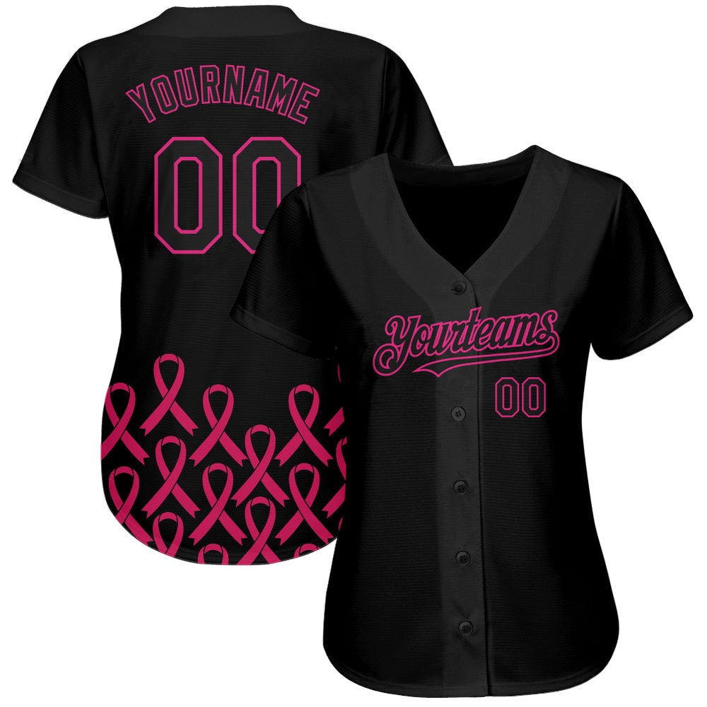 USA Baseball Jersey, Custom Black Hot Pink 3D Pink Ribbon Breast Cancer Awareness Month Women Health Care Support Authentic Baseball Jersey - Image 2