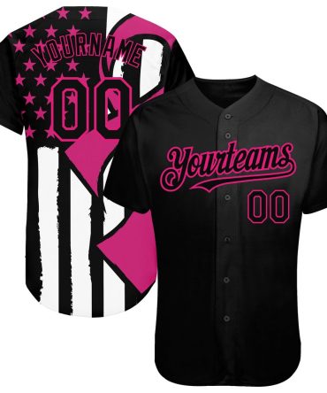 USA Baseball Jersey, Custom Black Hot Pink White 3D Pink Ribbon Breast Cancer Awareness Month Women Health Care Support Authentic Baseball Jersey
