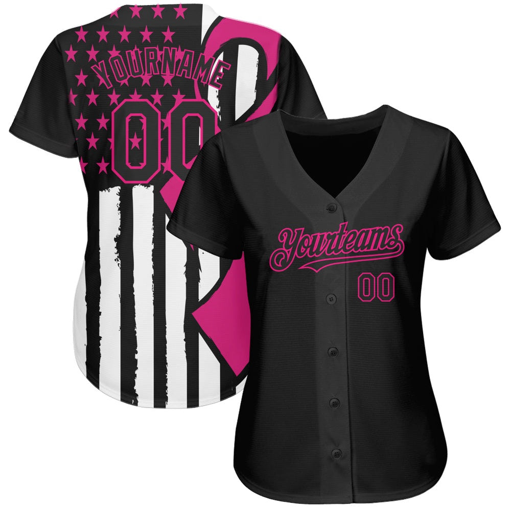 USA Baseball Jersey, Custom Black Hot Pink White 3D Pink Ribbon Breast Cancer Awareness Month Women Health Care Support Authentic Baseball Jersey - Image 2