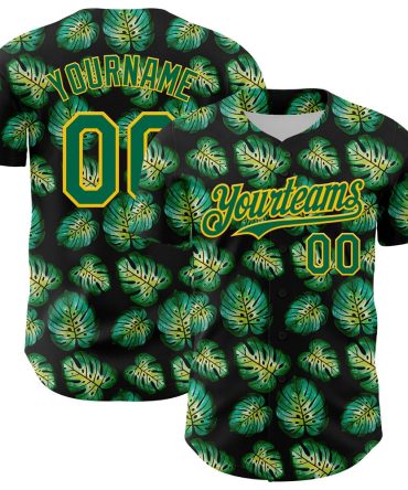 USA Baseball Jersey, Custom Black Kelly Green Gold 3D Pattern Design Tropical Monstera Authentic Baseball Jersey, Team Jerseys Baseball