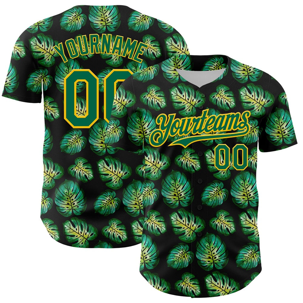 USA Baseball Jersey, Custom Black Kelly Green Gold 3D Pattern Design Tropical Monstera Authentic Baseball Jersey, Team Jerseys Baseball