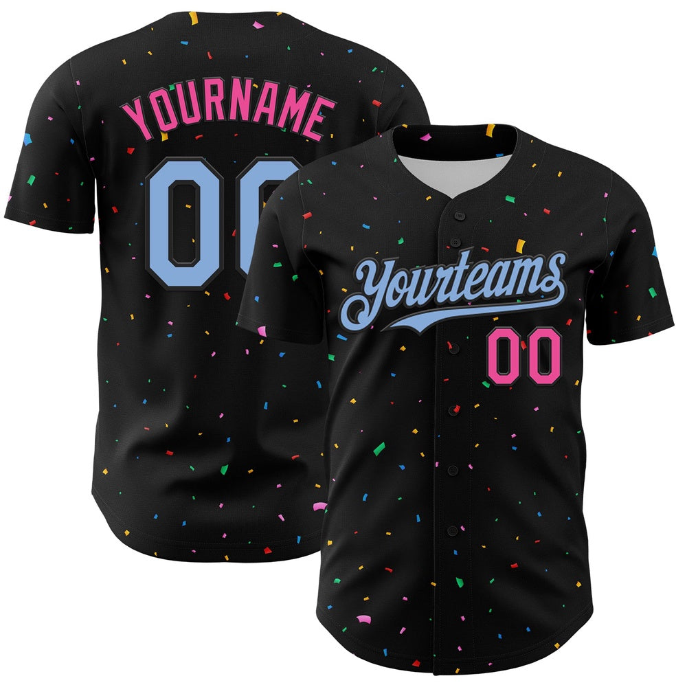 USA Baseball Jersey, Custom Black Light Blue Pink 3D Pattern Design Confetti Authentic Baseball Jersey, Team Jerseys Baseball