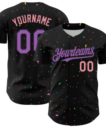 USA Baseball Jersey, Custom Black Medium Purple Medium Pink 3D Pattern Design Confetti Authentic Baseball Jersey, Team Jerseys Baseball