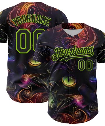 USA Baseball Jersey, Custom Black Neon Green 3D Pattern Design Rave Animal Cat Authentic Baseball Jersey, Team Jerseys Baseball
