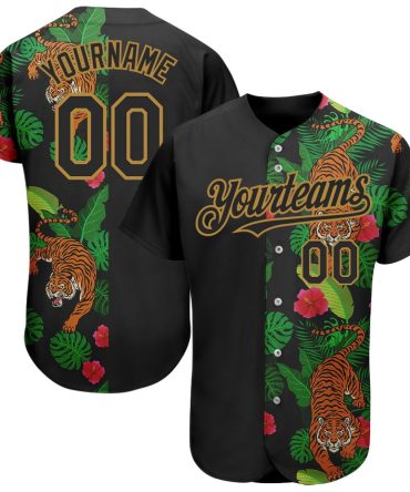 USA Baseball Jersey, Custom Black Old Gold 3D Pattern Design Hawaii Tropical Tiger Authentic Baseball Jersey, Team Jerseys Baseball