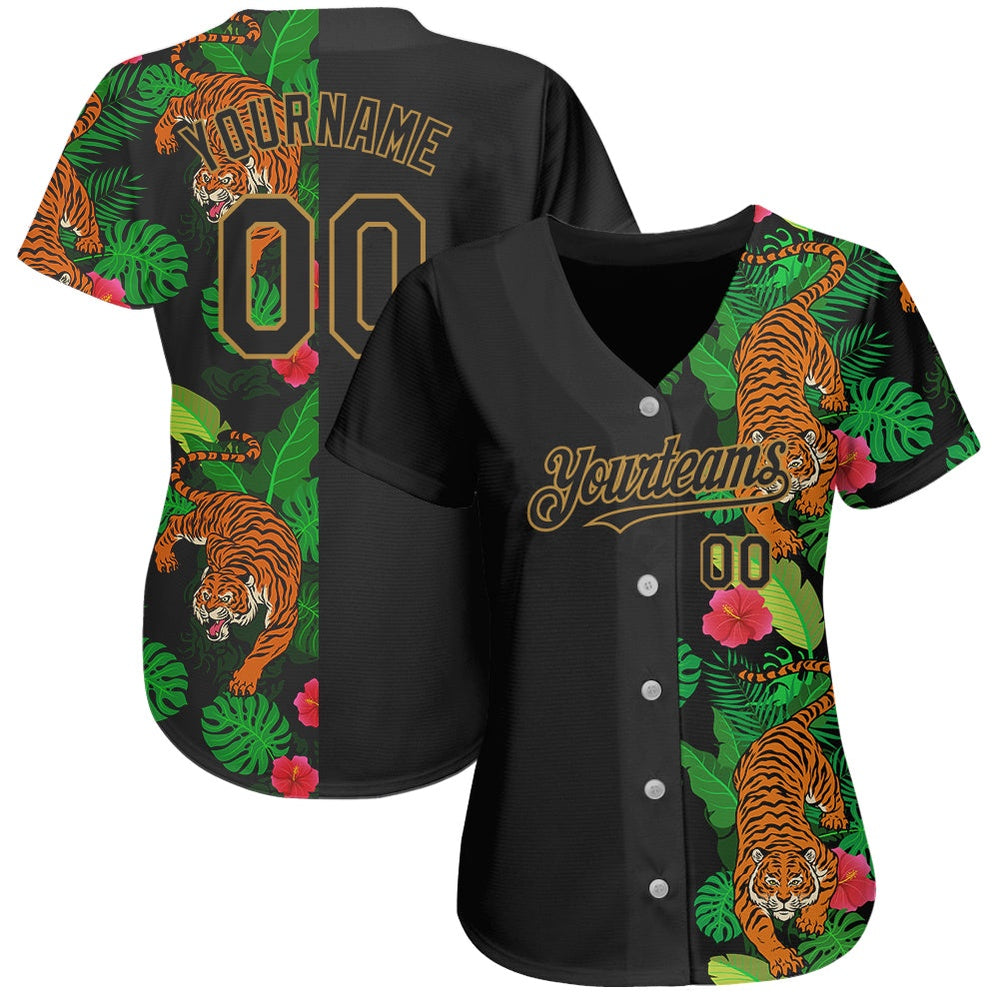 USA Baseball Jersey, Custom Black Old Gold 3D Pattern Design Hawaii Tropical Tiger Authentic Baseball Jersey, Team Jerseys Baseball - Image 2