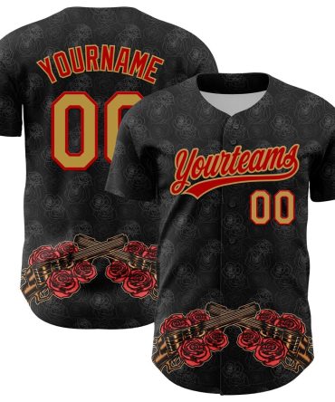 USA Baseball Jersey, Custom Black Old Gold Red 3D Pattern Design Gothic Style Gun With Rose Authentic Baseball Jersey, Team Jerseys Baseball