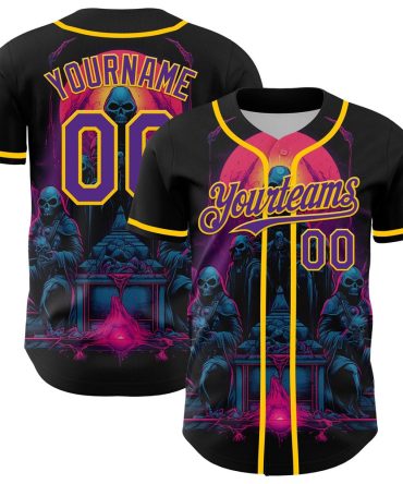 USA Baseball Jersey, Custom Black Purple Yellow 3D Pattern Design Rave Skull Authentic Baseball Jersey, Team Jerseys Baseball