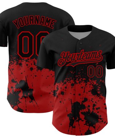 USA Baseball Jersey, Custom Black Red 3D Pattern Design Abstract Splash Grunge Art Authentic Baseball Jersey, Team Jerseys Baseball