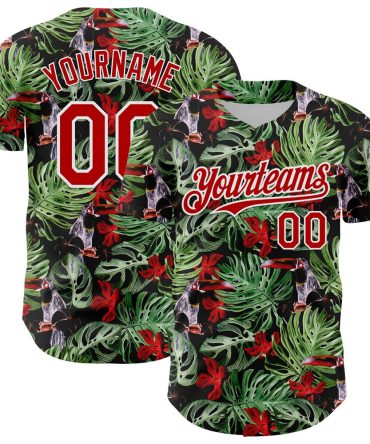 USA Baseball Jersey, Custom Black Red White 3D Pattern Design Tropical Plant And Bird Authentic Baseball Jersey, Team Jerseys Baseball